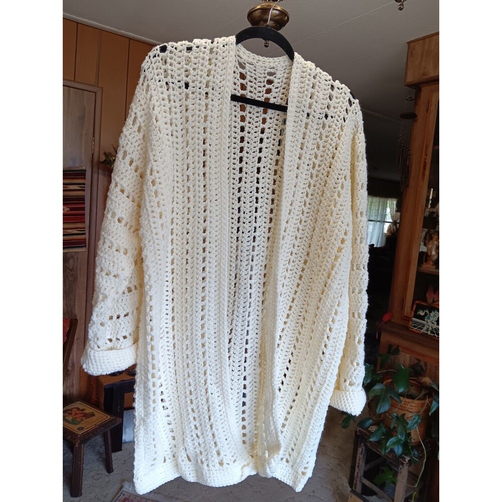 Hand Knit Overisize Long Sweater Cardigan Ivory Size L/XL